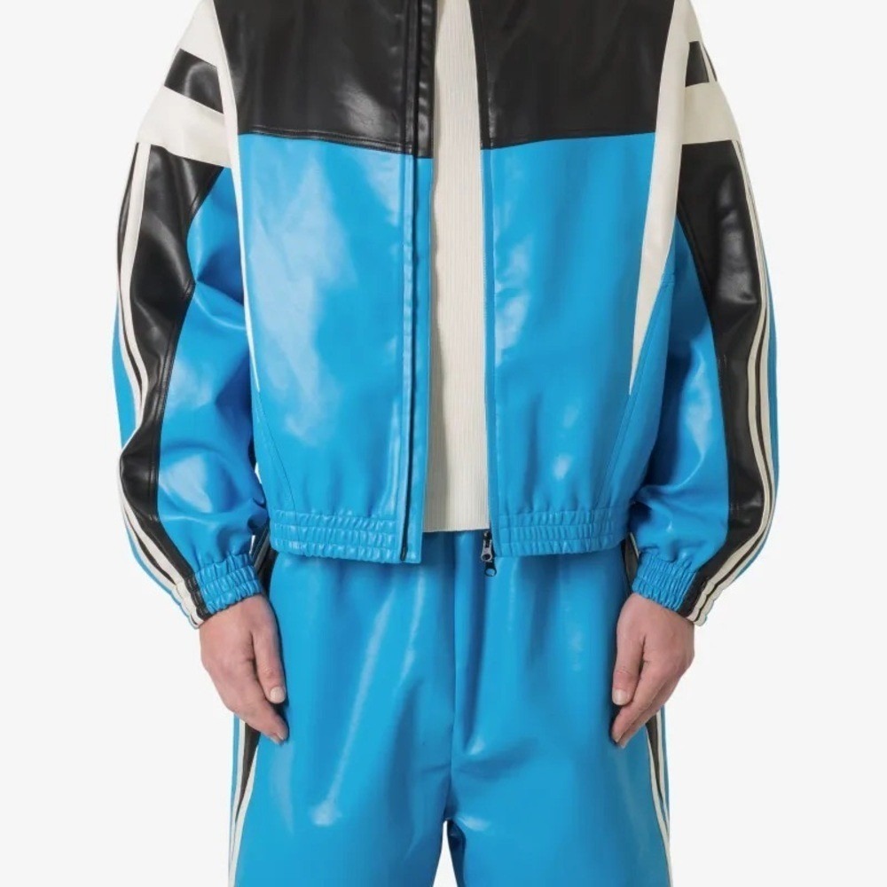 Mnml Faux Leather Track Jacket Blue‎ Black White Colorblock Mens Medium
